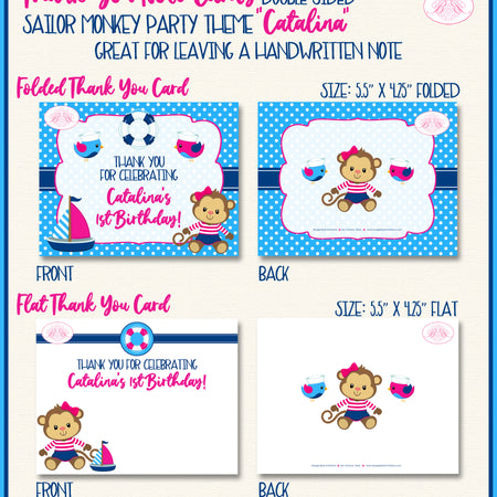 Sailor Monkey Girl Party Thank You Cards Birthday Pink Boogie Bear Invitations Catalina Theme Printed