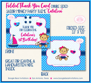 Sailor Monkey Girl Party Thank You Cards Birthday Pink Boogie Bear Invitations Catalina Theme Printed
