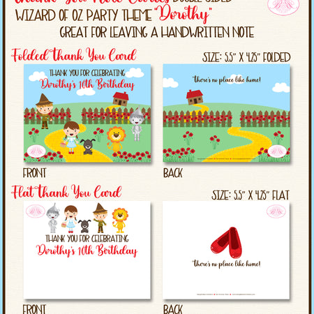 Wizard of Oz Birthday Party Thank You Note Card Ruby Red Shoes Boogie Bear Invitations Dorothy Theme Printed