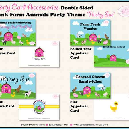 Pink Farm Animals Birthday Favor Party Card Tent Appetizer Place Barn Girl Boogie Bear Invitations Paisley Sue Theme