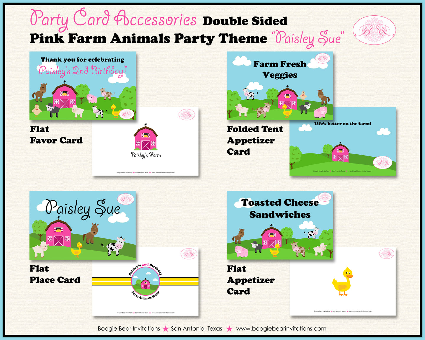 Pink Farm Animals Birthday Favor Party Card Tent Appetizer Place Barn Girl Boogie Bear Invitations Paisley Sue Theme