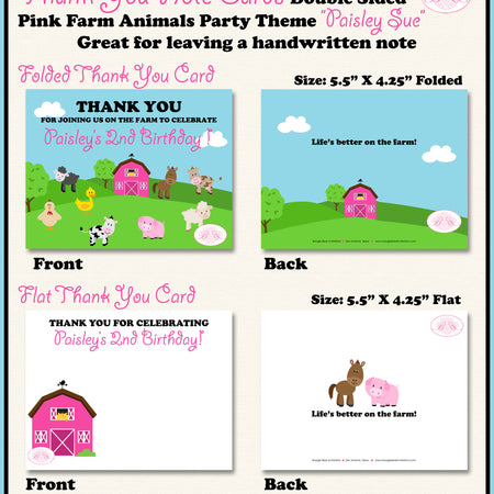 Pink Farm Animals Party Thank You Card Birthday Girl Barn Country Boogie Bear Invitations Paisley Sue Theme Printed