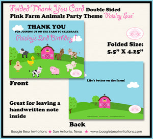 Pink Farm Animals Party Thank You Card Birthday Girl Barn Country Boogie Bear Invitations Paisley Sue Theme Printed
