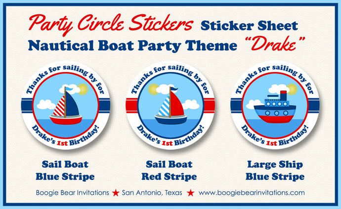 Nautical Sailor Birthday Party Stickers Circle Sheet Round Sail Boat Ocean Boogie Bear Invitations Drake Theme