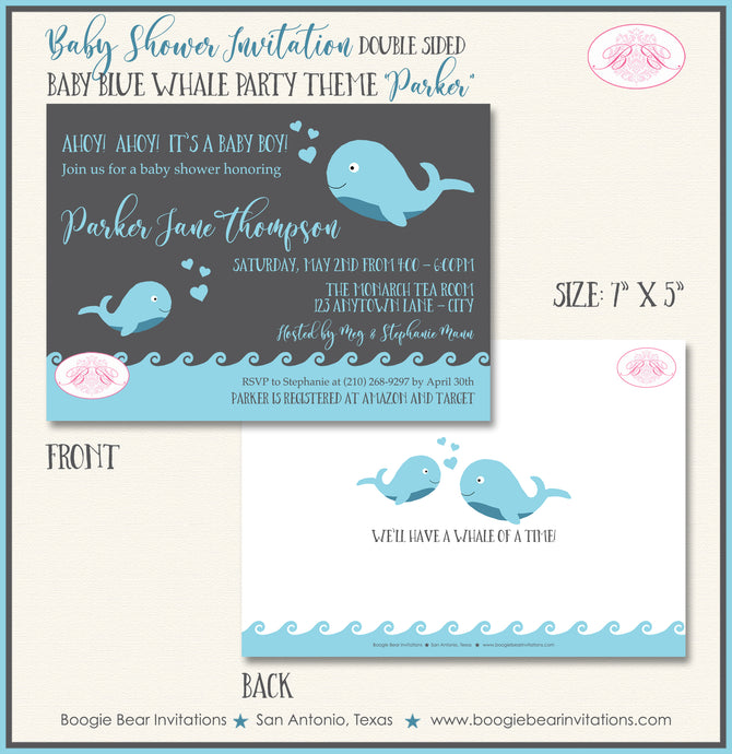 Blue Whale Baby Shower Invitation Party Boogie Bear Invitations Parker Theme Paperless Printable Printed