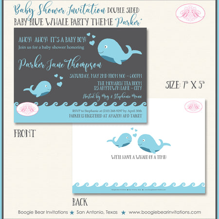 Blue Whale Baby Shower Invitation Party Boogie Bear Invitations Parker Theme Paperless Printable Printed