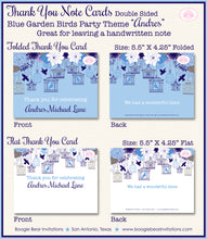 Load image into Gallery viewer, Blue Birds Party Thank You Card Birthday Garden Boy Flowers Fly Cage Birdcage Boogie Bear Invitations Andres Theme