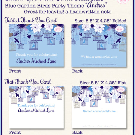 Blue Birds Party Thank You Card Birthday Garden Boy Boogie Bear Invitations Andres Theme