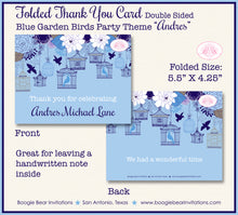 Load image into Gallery viewer, Blue Birds Party Thank You Card Birthday Garden Boy Flowers Fly Cage Birdcage Boogie Bear Invitations Andres Theme