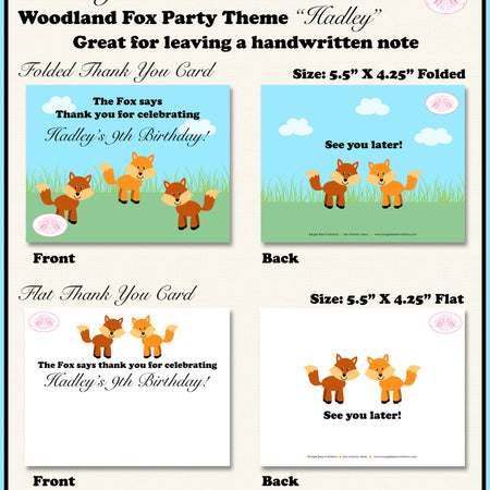Woodland Fox Party Thank You Card Birthday Forest Animals Creatures Boy Girl Outdoor Picnic Kid Boogie Bear Invitations Hadley Theme Printed