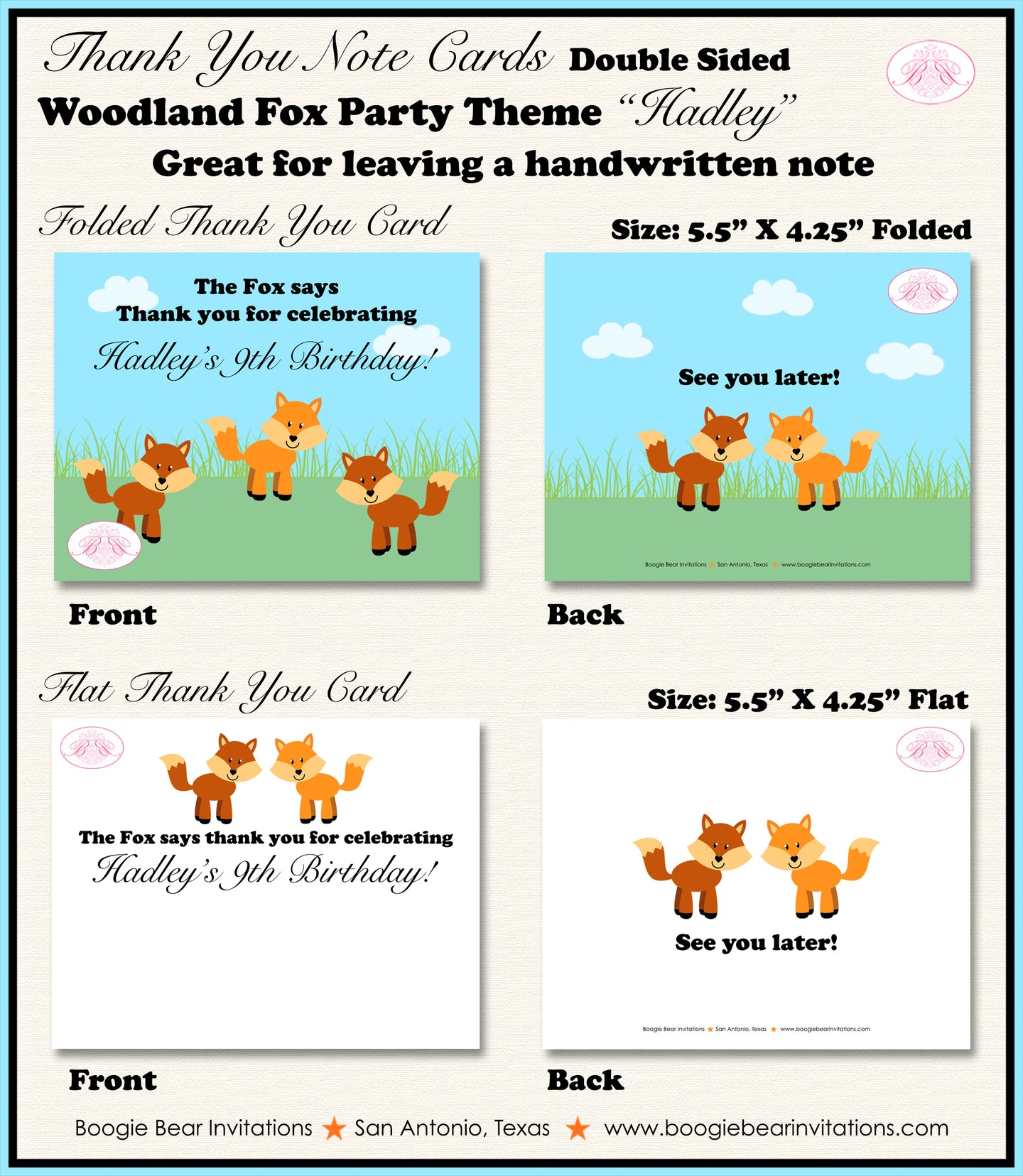 Woodland Fox Party Thank You Card Birthday Forest Animals Creatures Boy Girl Outdoor Picnic Kid Boogie Bear Invitations Hadley Theme Printed