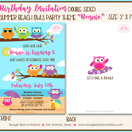 Summer Beach Owls Birthday Party Invitation Swimming Boogie Bear Invitations Paperless Printable Printed Bonnie Theme