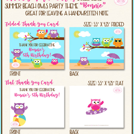 Summer Beach Owls Party Thank You Card Birthday Swimming Boogie Bear Invitations Bonnie Theme Printed