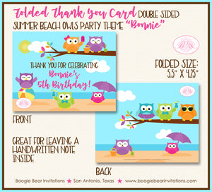 Summer Beach Owls Party Thank You Card Birthday Swimming Boogie Bear Invitations Bonnie Theme Printed