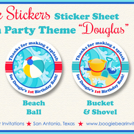 Splash Bash Party Stickers Circle Sheet Birthday Swimming Swim Pool Beach Ball Ocean Summer Boy Girl Boogie Bear Invitations Douglas Theme