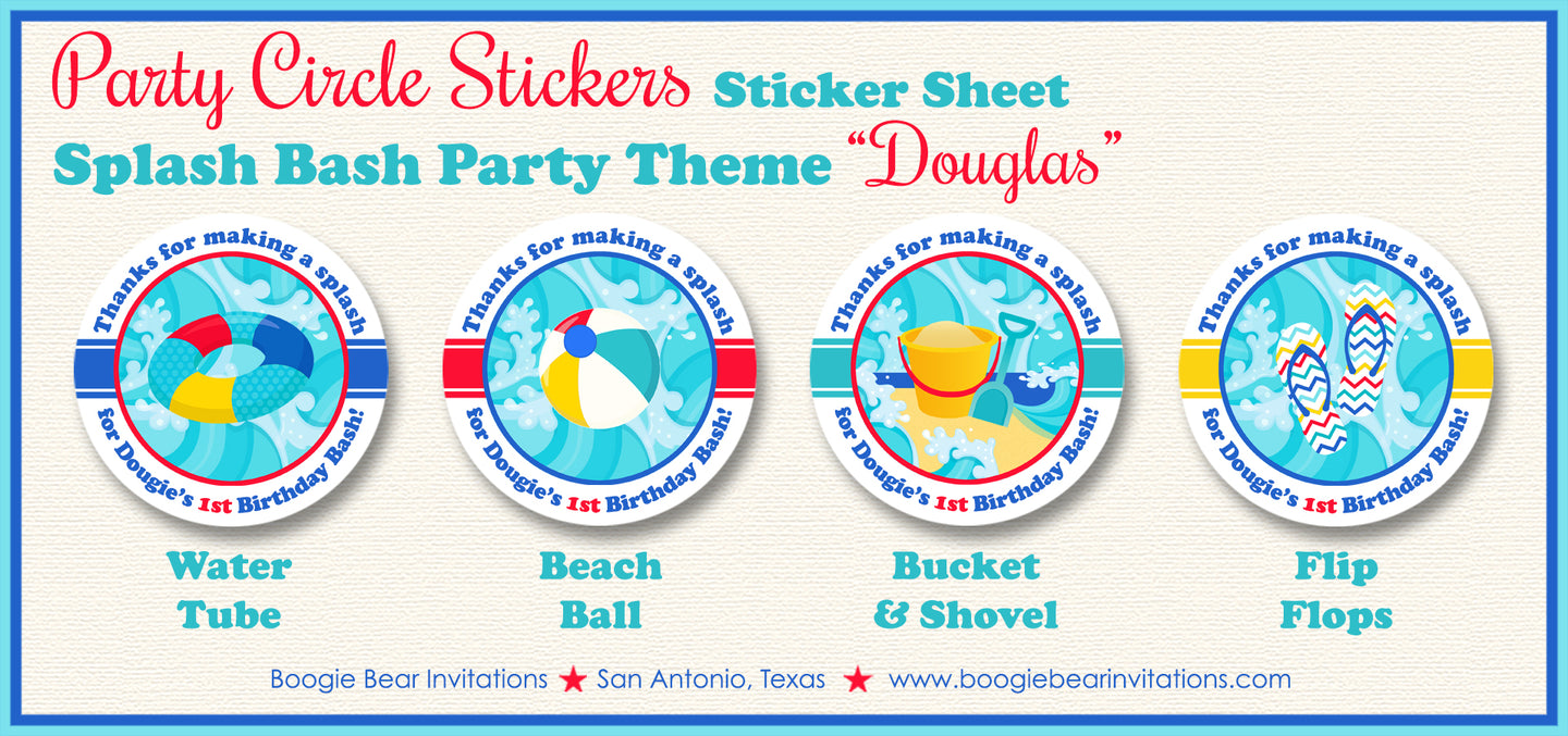 Splash Bash Party Stickers Circle Sheet Birthday Swimming Swim Pool Beach Ball Ocean Summer Boy Girl Boogie Bear Invitations Douglas Theme