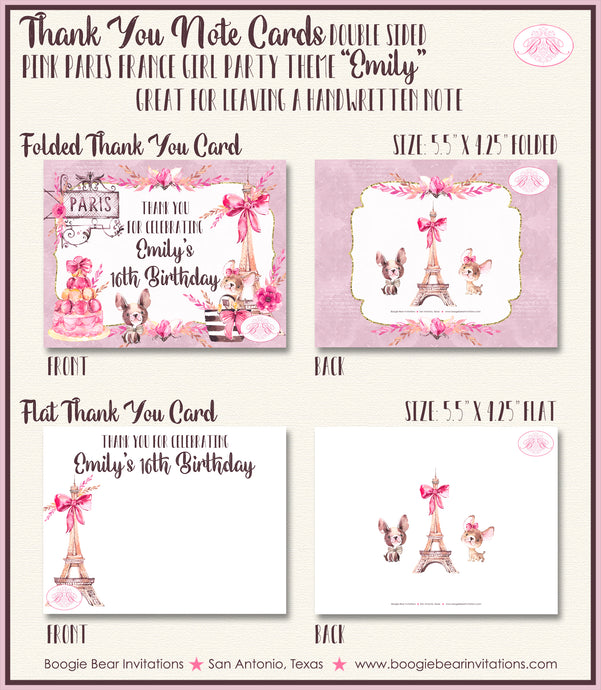Pink Paris France Party Thank You Card Birthday Girl Boogie Bear Invitations Emily Theme Printed