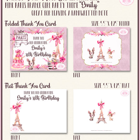 Pink Paris France Party Thank You Card Birthday Girl Boogie Bear Invitations Emily Theme Printed