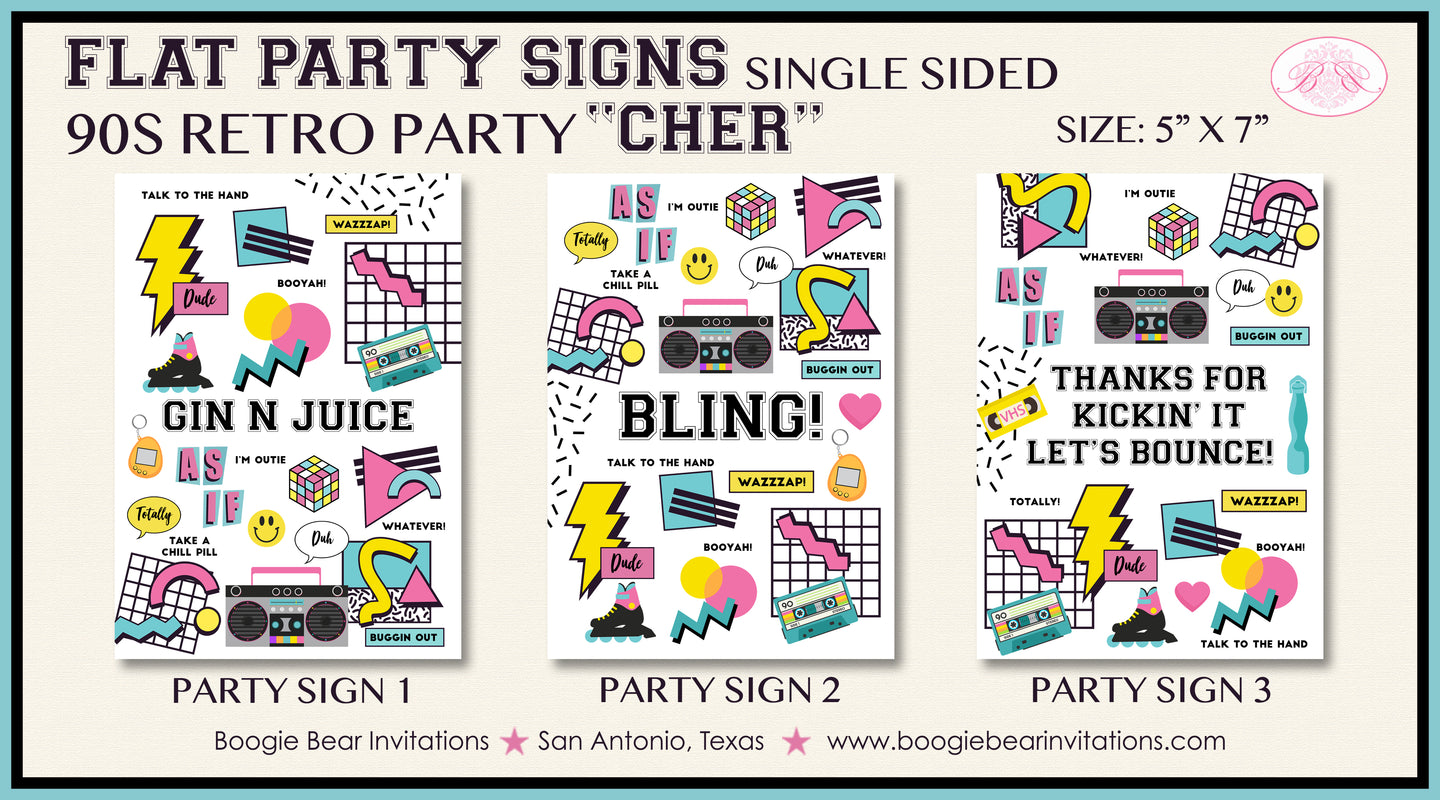 Retro 90s Birthday Party Sign Poster 1990s Girl Boogie Bear Invitations Cher Theme