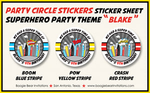 Superhero Birthday Party Stickers Circle Sheet Round Comic Cityscape Retro Skyline Boogie Bear Invitations Blake Theme