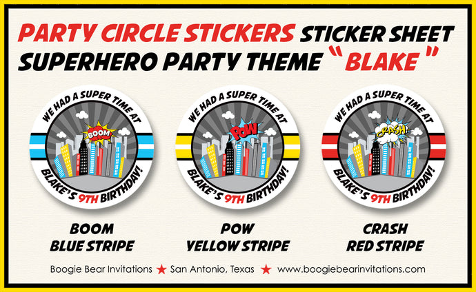 Superhero Birthday Party Stickers Circle Sheet Round Comic Cityscape Retro Skyline Boogie Bear Invitations Blake Theme