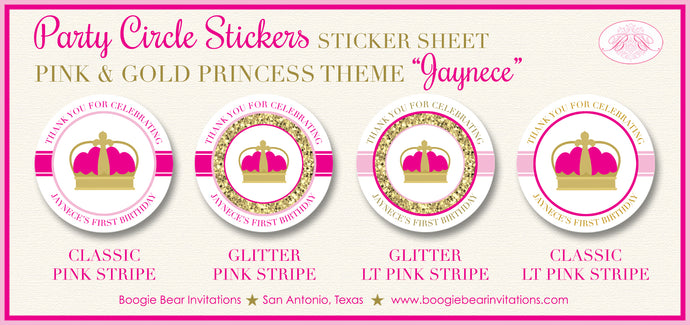 Pink Gold Princess Party Stickers Circle Sheet Birthday Crown Boogie Bear Invitations Jaynece Theme