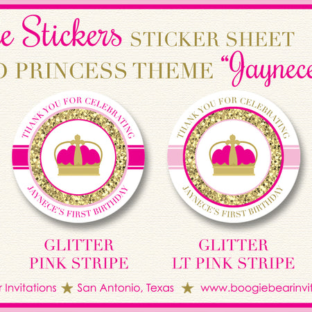 Pink Gold Princess Party Stickers Circle Sheet Birthday Crown Boogie Bear Invitations Jaynece Theme