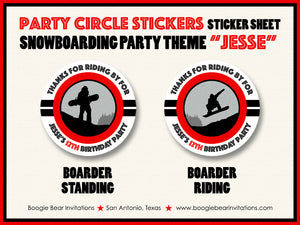 Snowboarding Birthday Party Stickers Circle Sheet Round Red Snowboard Boogie Bear Invitations Jesse Theme