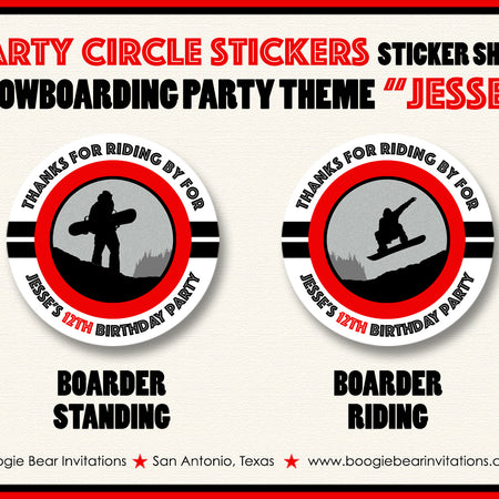 Snowboarding Birthday Party Stickers Circle Sheet Round Red Snowboard Boogie Bear Invitations Jesse Theme