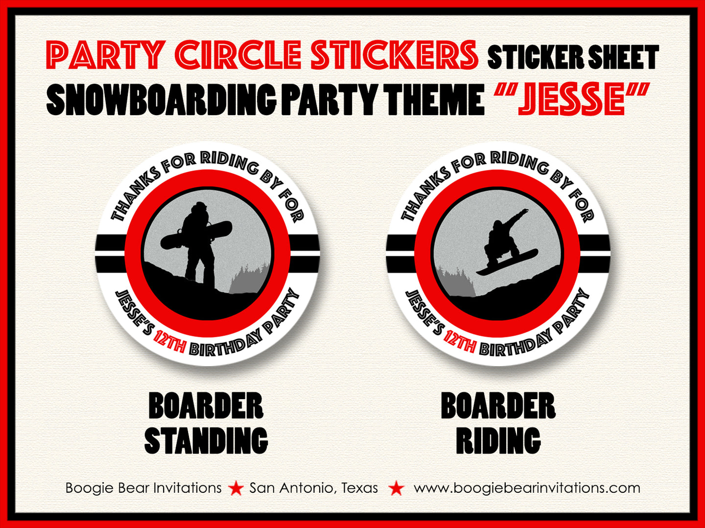 Snowboarding Birthday Party Stickers Circle Sheet Round Red Snowboard Boogie Bear Invitations Jesse Theme