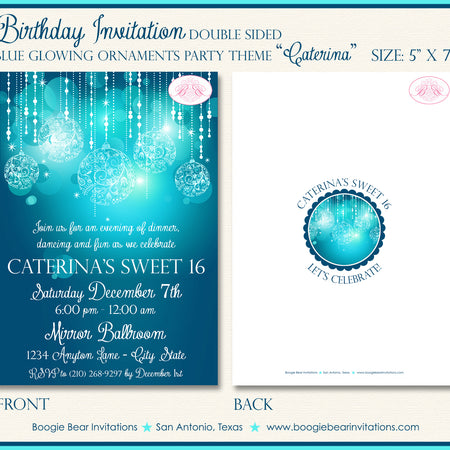 Blue Glowing Ornament Party Invitation Birthday Aqua Boogie Bear Invitations Caterina Theme Paperless Printable Printed
