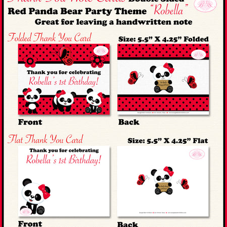 Red Panda Bear Birthday Party Thank You Card Girl Boogie Bear Invitations Robella Theme Printed