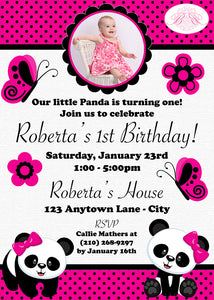 Panda Bear Birthday Party Invitation Photo Girl Little Pink Black Wild Zoo Boogie Bear Invitations Roberta Theme Paperless Printable Printed