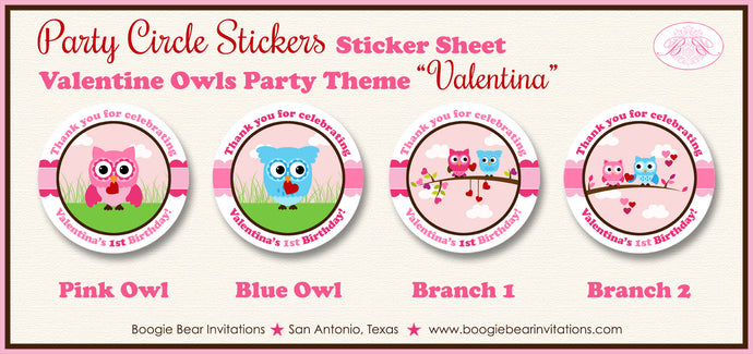 Valentine Owls Party Circle Stickers Birthday Heart Love Boogie Bear Invitations Valentina Theme