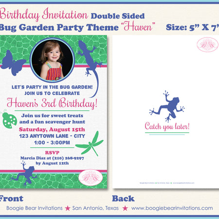 Pink Bug Photo Birthday Party Invitation Frog Butterfly Rain Forest Garden Boogie Bear Invitations Haven Theme Paperless Printable Printed