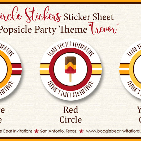 Popsicle Birthday Party Stickers Circle Sheet Round Retro Ice Cream Boogie Bear Invitations Trevor Theme