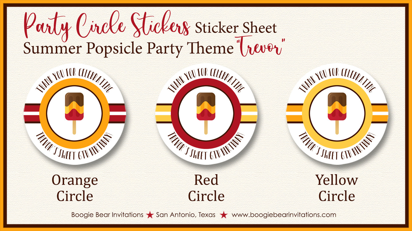 Popsicle Birthday Party Stickers Circle Sheet Round Retro Ice Cream Boogie Bear Invitations Trevor Theme