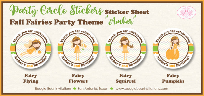 Fall Fairy Party Circle Stickers Birthday Girl Garden Pumpkin Boogie Bear Invitations Amber Theme