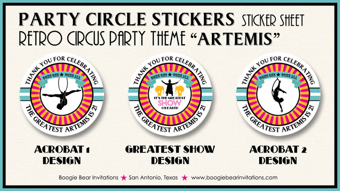 Circus Showman Birthday Party Stickers Circle Sheet Round Pink Girl Boogie Bear Invitations Artemis Theme