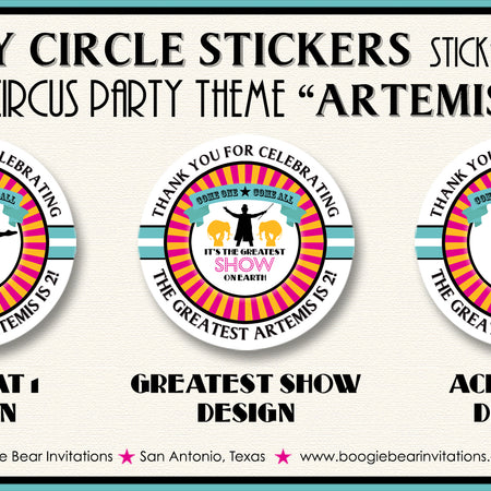 Circus Showman Birthday Party Stickers Circle Sheet Round Pink Girl Boogie Bear Invitations Artemis Theme