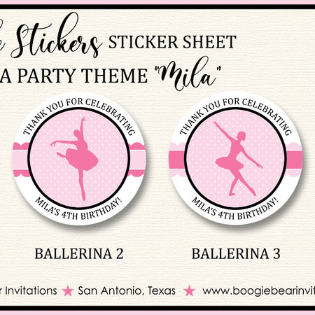 Pink Ballet Party Circle Stickers Birthday Girl Ballerina Boogie Bear Invitations Mila Theme
