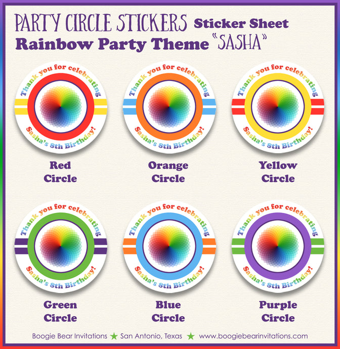 Rainbow Birthday Party Stickers Circle Sheet Round Painting Boogie Bear Invitations Sasha Theme