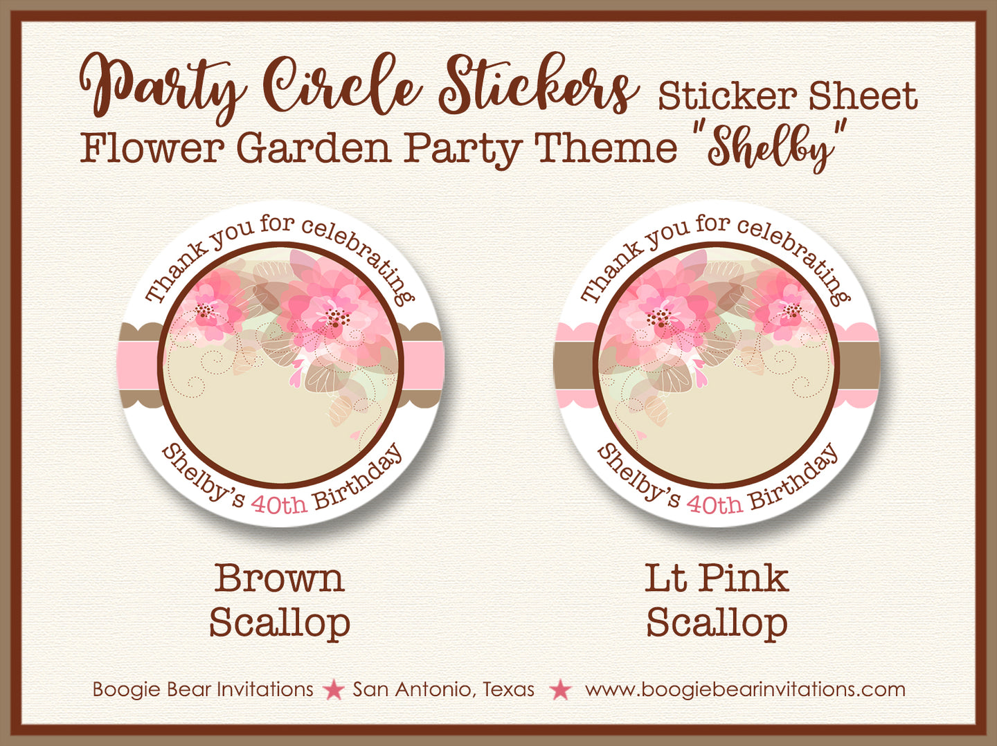 Elegant Flowers Birthday Party Stickers Circle Sheet Round Pink Garden Boogie Bear Invitations Shelby Theme