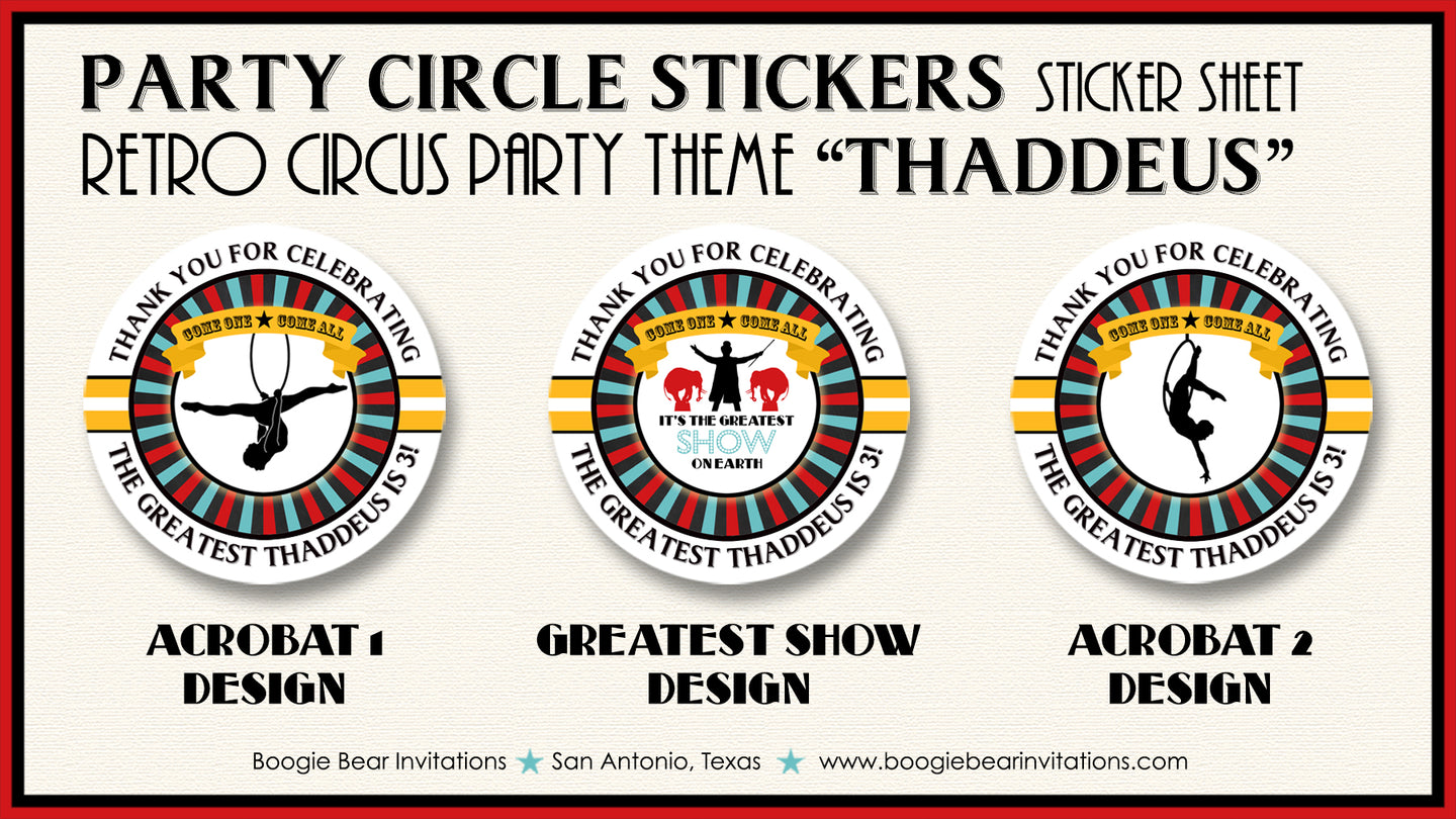 Circus Showman Birthday Party Stickers Circle Sheet Round Boogie Bear Invitations Thaddeus Theme