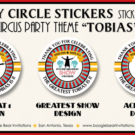 Circus Showman Birthday Party Stickers Circle Sheet Round Big Top Animals Boogie Bear Invitations Tobias Theme