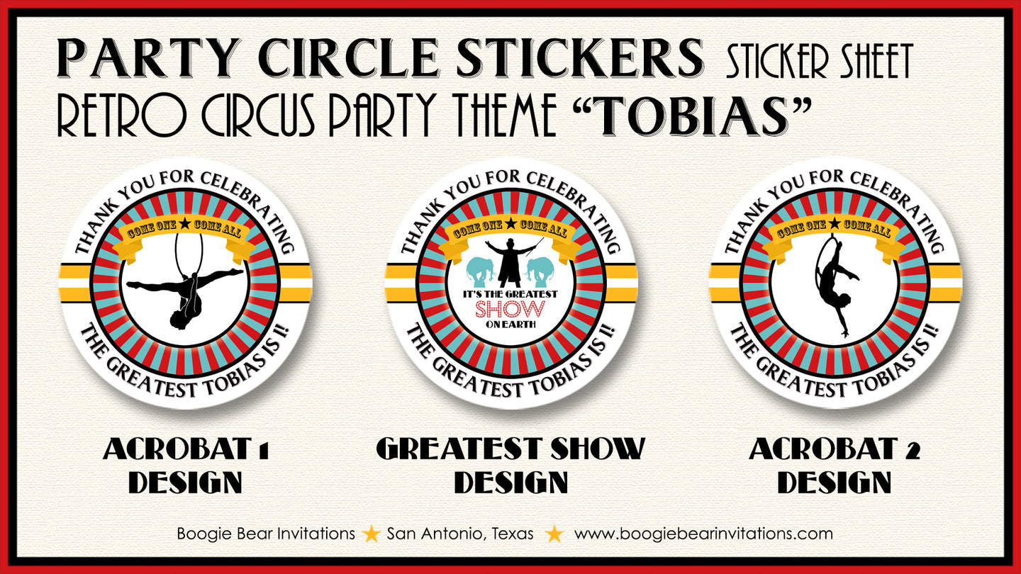 Circus Showman Birthday Party Stickers Circle Sheet Round Big Top Animals Boogie Bear Invitations Tobias Theme