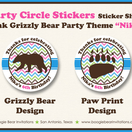 Grizzly Bear Birthday Party Stickers Circle Sheet Round Paw Print Girl Pink Blue Boogie Bear Invitations Nika Theme