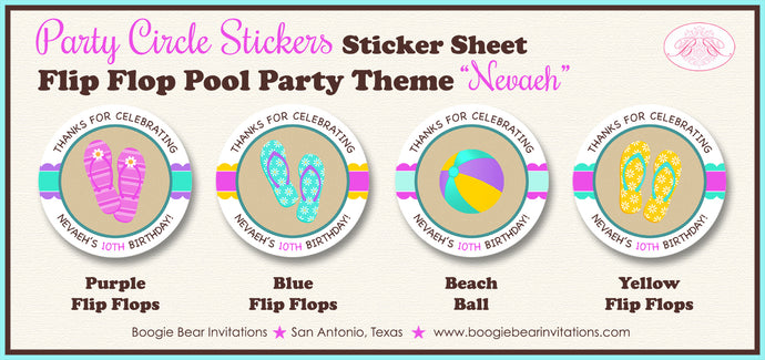 Flip Flop Pool Party Stickers Circle Sheet Birthday Purple Swimming Boogie Bear Invitations Nevaeh Theme