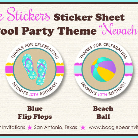 Flip Flop Pool Party Stickers Circle Sheet Birthday Purple Swimming Boogie Bear Invitations Nevaeh Theme