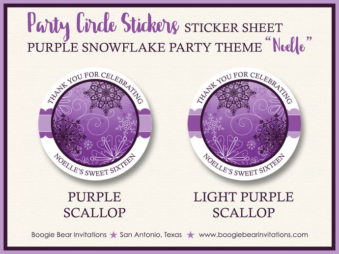 Winter Snowflake Party Stickers Circle Sheet Round Birthday Purple Christmas Boogie Bear Invitations Noelle Theme